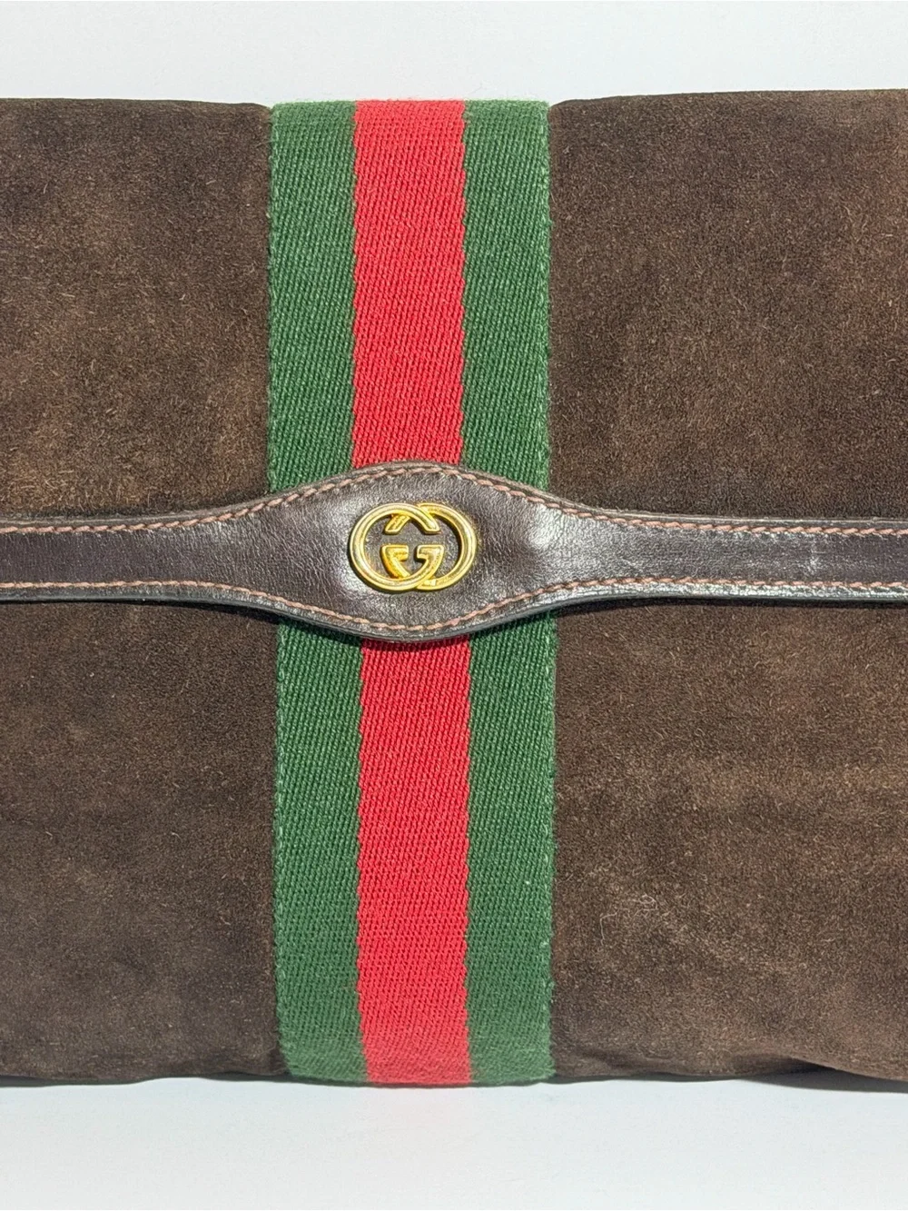 Gucci Brown Suede Clutch Bag with Green and Red Web Stripe